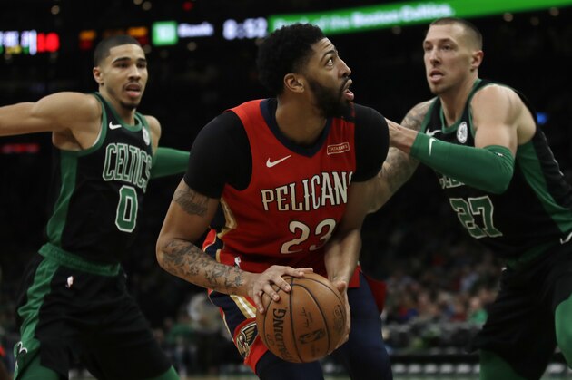New Orleans Pelicans forward Anthony Davis, center, during the second quarter of a basketball game in Boston, Monday, Dec. 10, 2018. The Celtics defeated the Pelicans 113-100. (AP Photo/Charles Krupa)