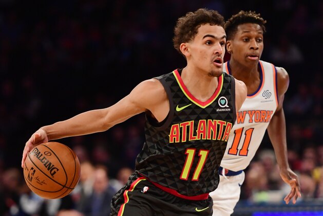 NEW YORK, NEW YORK - DECEMBER 21: Trae Young #11 of the Atlanta Hawks dribbles down the court during the second quarter of the game against New York Knicks at Madison Square Garden on December 21, 2018 in New York City. NOTE TO USER: User expressly acknowledges and agrees that, by downloading and or using this photograph, User is consenting to the terms and conditions of the Getty Images License Agreement. (Photo by Sarah Stier/Getty Images)