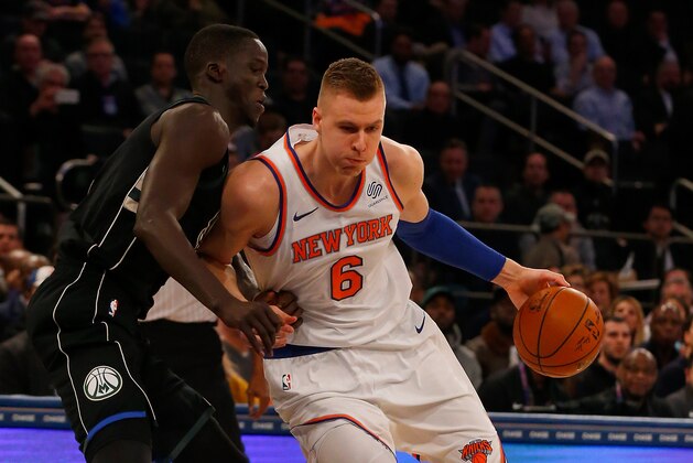 NEW YORK, NY - FEBRUARY 06:  (NEW YORK DAILIES OUT)    Kristaps Porzingis #6 of the New York Knicks in action against Thon Maker #7 of the Milwaukee Bucks at Madison Square Garden on February 6, 2018 in New York City. The Bucks defeated the Knicks 103-89. NOTE TO USER: User expressly acknowledges and agrees that, by downloading and/or using this Photograph, user is consenting to the terms and conditions of the Getty Images License Agreement.  (Photo by Jim McIsaac/Getty Images)