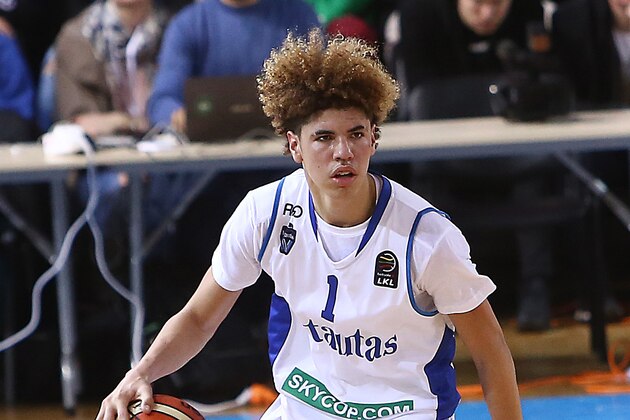 PRIENAI, LITHUANIA - JANUARY 09:  LaMelo Ball of Vytautas Prienai in action during the match between Vytautas Prienai and Zalgiris Kauno on January 9, 2018 in Prienai, Lithuania.  (Photo by Alius Koroliovas/Getty Images)