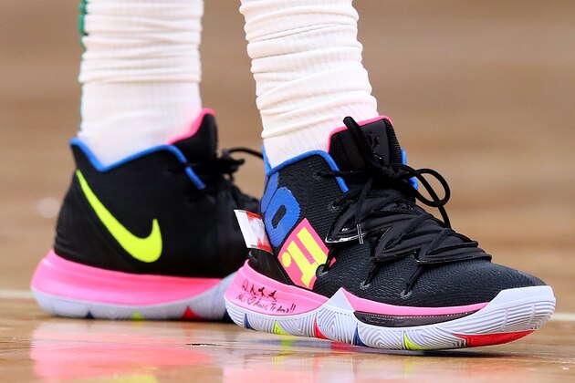 BOSTON, MASSACHUSETTS - DECEMBER 21: The shoes of Kyrie Irving #11 of the Boston Celtics at TD Garden on December 21, 2018 in Boston, Massachusetts. NOTE TO USER: User expressly acknowledges and agrees that, by downloading and or using this photograph, User is consenting to the terms and conditions of the Getty Images License Agreement. (Photo by Maddie Meyer/Getty Images)