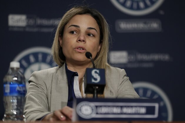 In this Jan. 25, 2018 photo, Lorena Martin, then the Seattle Mariners' director of high performance, speaks during the Mariners' annual media briefing before the start of baseball Spring Training. Major League Baseball is investigating claims made against the team by Martin, who was fired in October, 2018, that team management had disparaged Latino players. The Mariners denied the allegations in a statement on Monday, Nov. 12, 2018. (AP Photo/Ted S. Warren)