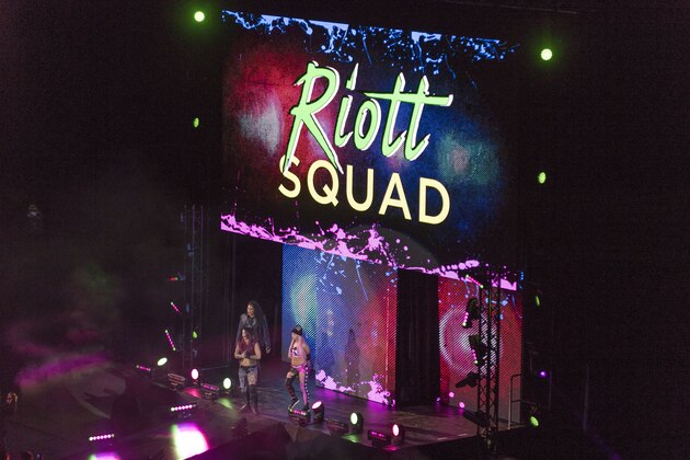 COLOGNE, GERMANY - NOVEMBER 07: The Riott Squad  during the WWE Live Show at Lanxess Arena on November 7, 2018 in Cologne, Germany. (Photo by Marc Pfitzenreuter/Getty Images)