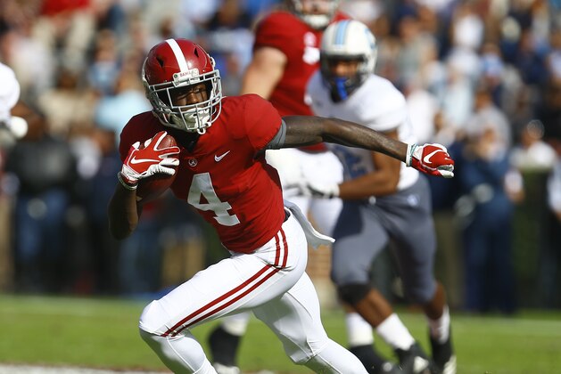 Alabama wide receiver Jerry Jeudy (4) catches a pass against Citadel during the first half of an NCAA college football game, Saturday, Nov. 17, 2018, in Tuscaloosa, Ala. (AP Photo/Butch Dill)