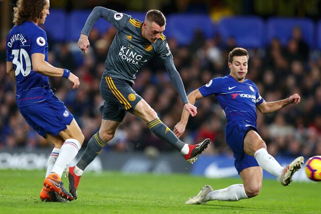 LONDON, ENGLAND - DECEMBER 22: Jamie Vardy of Leicester City scores his team's first goal during the Premier League match between Chelsea FC and Leicester City at Stamford Bridge on December 22, 2018 in London, United Kingdom. (Photo by Clive Rose/Getty Images) LONDON, ENGLAND - DECEMBER 22: Jamie Vardy of Leicester City scores his team's first goal during the Premier League match between Chelsea FC and Leicester City at Stamford Bridge on December 22, 2018 in London, United Kingdom. (Photo by Clive Rose/Getty Images)