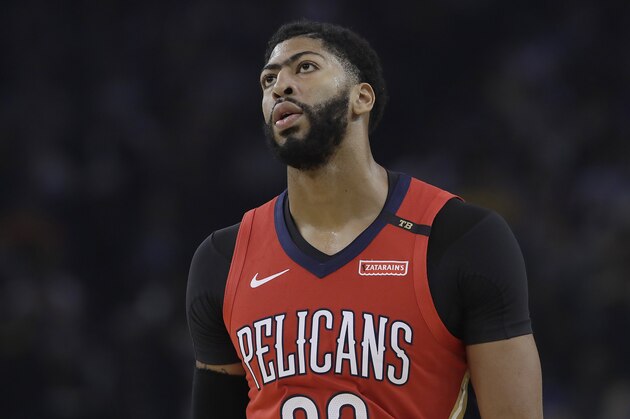 New Orleans Pelicans forward Anthony Davis against the Golden State Warriors during an NBA basketball game in Oakland, Calif., Wednesday, Oct. 31, 2018. (AP Photo/Jeff Chiu)