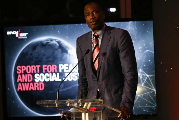 NEW YORK, NY - SEPTEMBER 12: Dikembe Mutombo presents the Sport For Peace and Social Justice Award of the Beyond Sport Global Awards on September 12, 2018 in New York City. (Photo by Jeff Zelevansky/Getty Images)