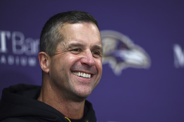 File-This photo taken Nov. 18, 2018, shows Baltimore Ravens head coach John Harbaugh speaking at a news conference after an NFL football game in Baltimore. “I think we have a lot of leaders and guys that have been through a lot,” Harbaugh said. “Our guys have been through a lot of challenges and that’s usually the best way of learning how to deal with adversity. I think they have done a good job.” (AP Photo/Gail Burton)