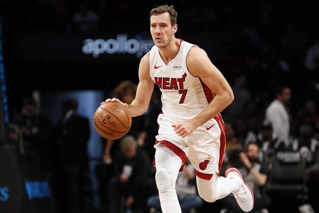 NEW YORK, NY - NOVEMBER 14:  Goran Dragic #7 of the Miami Heat in action in an NBA basketball game against the Brooklyn Nets on November 14, 2018 at Barclays Center in the Brooklyn borough of New York City. Miami won 120-107. NOTE TO USER: User expressly acknowledges and agrees that, by downloading and/or using this Photograph, user is consenting to the terms and conditions of the Getty License agreement. Mandatory Copyright Notice (Photo by Paul Bereswill/Getty Images)