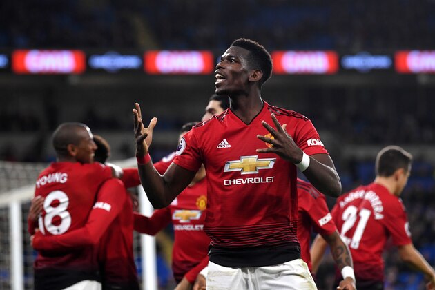 CARDIFF, WALES - DECEMBER 22:  Paul Pogba of Manchester United celebrates after teammate Jesse Lingard scores their team's fifth goal during the Premier League match between Cardiff City and Manchester United at Cardiff City Stadium on December 22, 2018 in Cardiff, United Kingdom.  (Photo by Stu Forster/Getty Images)
