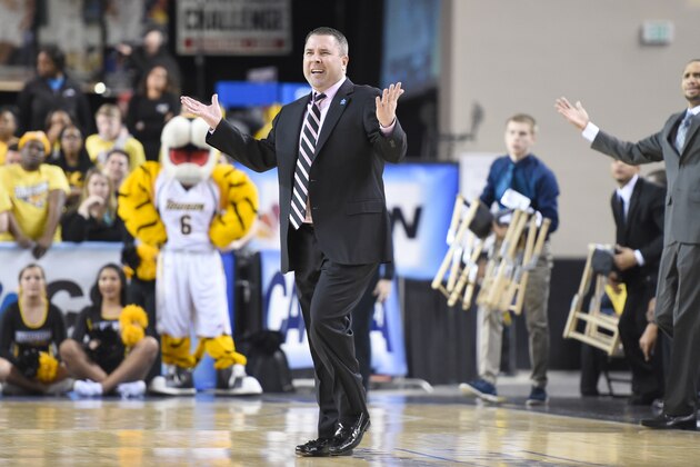 BALTIMORE, MD - MARCH 05:  Head coach Pat Skerry of the Towson Tigers reacts to a call during the quarterfinals of the Colonial Athletic Conference Tournament college basketball game against the Towson Tigers at Royal Farms Arena on March 5, 2016 in Baltimore, Maryland.  The Seahawks won 74-68.  (Photo by Mitchell Layton/Getty Images)