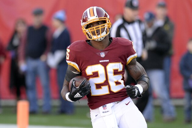 Washington Redskins running back Adrian Peterson warms up before an NFL football game against the Tennessee Titans Saturday, Dec. 22, 2018, in Nashville, Tenn. (AP Photo/Mark Zaleski)