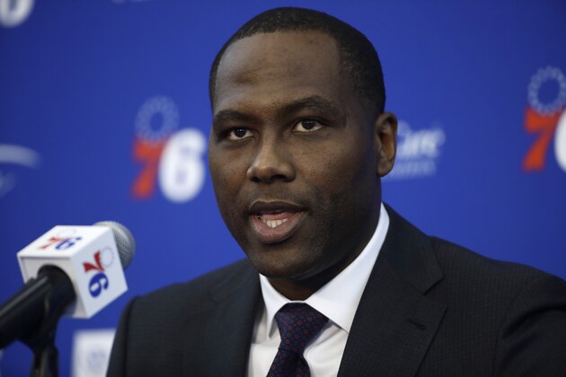 Philadelphia 76ers general manager Elton Brand speaks with members of the media during a news conference at the NBA basketball team's practice facility in Camden, N.J., Tuesday, Nov. 13, 2018. (AP Photo/Matt Rourke)