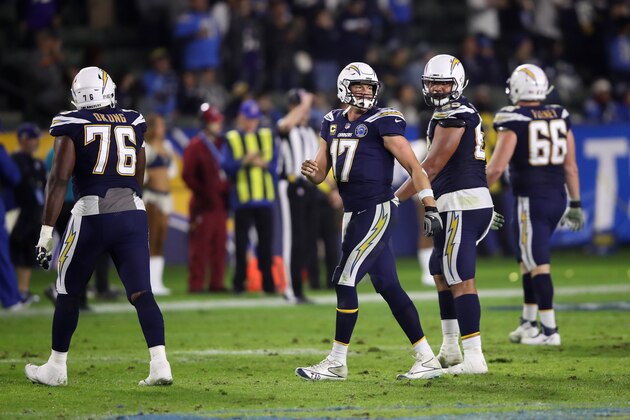 CARSON, CA - DECEMBER 22: Russell Okung #76, Dan Feeney #66 and Philip Rivers #17 of the Los Angeles Chargers walk off the field after an interception during the second half of a game against the Baltimore Ravens at StubHub Center on December 22, 2018 in Carson, California. (Photo by Sean M. Haffey/Getty Images) CARSON, CA - DECEMBER 22: Russell Okung #76, Dan Feeney #66 and Philip Rivers #17 of the Los Angeles Chargers walk off the field after an interception during the second half of a game against the Baltimore Ravens at StubHub Center on December 22, 2018 in Carson, California. (Photo by Sean M. Haffey/Getty Images)