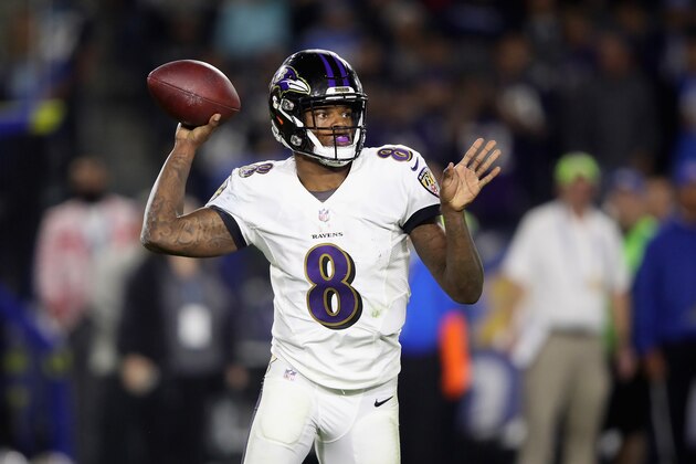 CARSON, CA - DECEMBER 22:  Lamar Jackson #8 of the Baltimore Ravens rolls out to pass during the second half of a game against the Los Angeles Chargers at StubHub Center on December 22, 2018 in Carson, California.  (Photo by Sean M. Haffey/Getty Images)