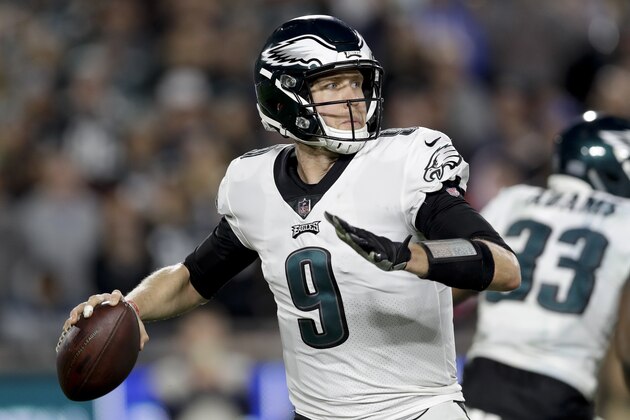 FILE - In this Sunday, Dec. 16, 2018, file photo, Philadelphia Eagles quarterback Nick Foles passes against the Los Angeles Rams during the second half of an NFL football game in Los Angeles. The Philadelphia Eagles are again counting on Super Bowl MVP Foles to win high-stakes games. (AP Photo/Marcio Jose Sanchez, File)
