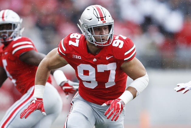 COLUMBUS, OH - SEPTEMBER 08: Nick Bosa #97 of the Ohio State Buckeyes in action during the game against the Rutgers Scarlet Knights at Ohio Stadium on September 8, 2018 in Columbus, Ohio. Ohio State won 52-3. (Photo by Joe Robbins/Getty Images)