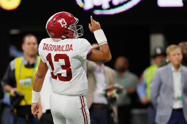 ATLANTA, GA - DECEMBER 01:  Tua Tagovailoa #13 of the Alabama Crimson Tide celebrates after a touchdown by Josh Jacobs #8 (not pictured) in the first half against the Georgia Bulldogs during the 2018 SEC Championship Game at Mercedes-Benz Stadium on December 1, 2018 in Atlanta, Georgia.  (Photo by Kevin C. Cox/Getty Images)