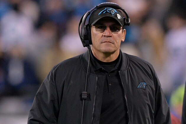 CHARLOTTE, NC - DECEMBER 17: Head coach Ron Rivera of the Carolina Panthers looks on against the New Orleans Saints in the fourth quarter during their game at Bank of America Stadium on December 17, 2018 in Charlotte, North Carolina.  (Photo by Grant Halverson/Getty Images)
