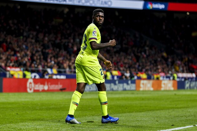 MADRID, SPAIN - NOVEMBER 24: Samuel Umtiti of FC Barcelona during the La Liga Santander  match between Atletico Madrid v FC Barcelona at the Estadio Wanda Metropolitano on November 24, 2018 in Madrid Spain (Photo by David S. Bustamante/Soccrates/Getty Images)