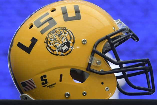 An LSU helmet is pictured at NCAA college football Southeastern Conference media days at the College Football Hall of Fame in Atlanta, Monday, July 16, 2018. (AP Photo/John Amis)