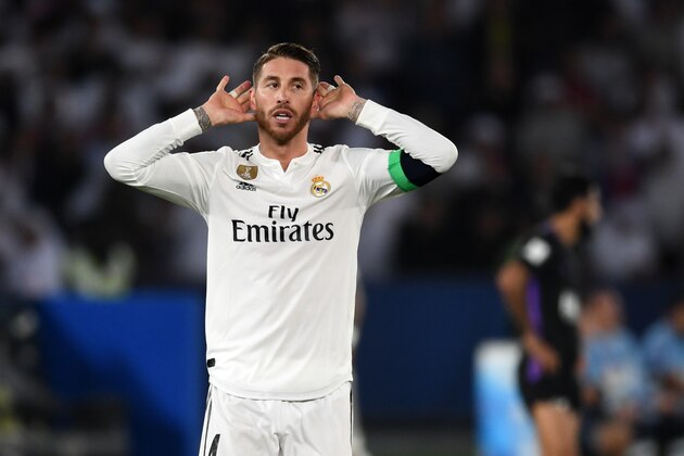 ABU DHABI, UNITED ARAB EMIRATES - DECEMBER 22: Sergio Ramos of Real Madrid celebrates scoring his side's third goal during the match between Real Madrid and Al Ain on December 22, 2018 in Abu Dhabi, United Arab Emirates. (Photo by Etsuo Hara/Getty Images)