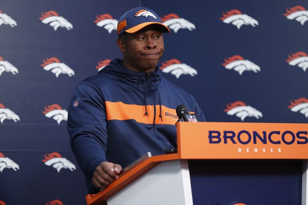 Denver Broncos head coach Vance Joseph speaks after an NFL football game against the Cleveland Browns, Saturday, Dec. 15, 2018, in Denver. The Browns won 17-16. (AP Photo/Jack Dempsey)