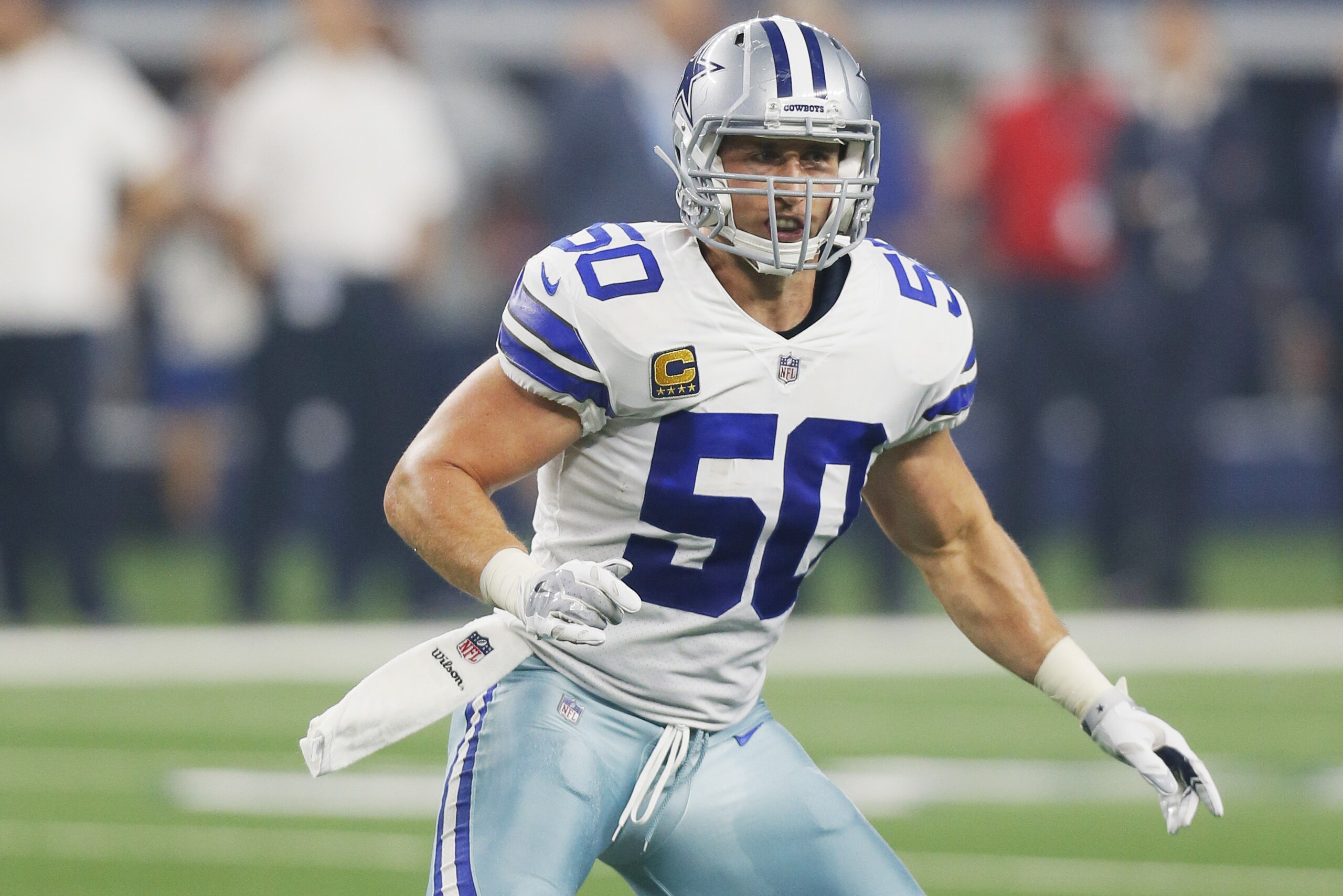 Dallas Cowboys linebacker Sean Lee (50) defends during the first half of an NFL football game against the New York Giants in Arlington, Texas, Sunday, Sept. 16, 2018. (AP Photo/Roger Steinman)