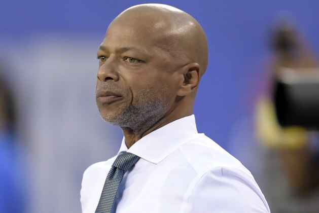 FILE - In this Sept. 18, 2017, file photo, New York Giants general manager Jerry Reese looks on before an NFL football game against the Detroit Lions in East Rutherford, N.J. Reese has accepted responsibility for Giants’ dismal play in a season that started with legitimate Super Bowl hopes and now sees them mired with one win in seven games.  (AP Photo/Bill Kostroun, File)