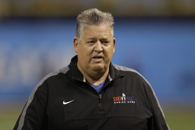 East head coach Charlie Weis during the East West Shrine football game Saturday, Jan. 23, 2016, in St. Petersburg, Fla. (AP Photo/Chris O'Meara)