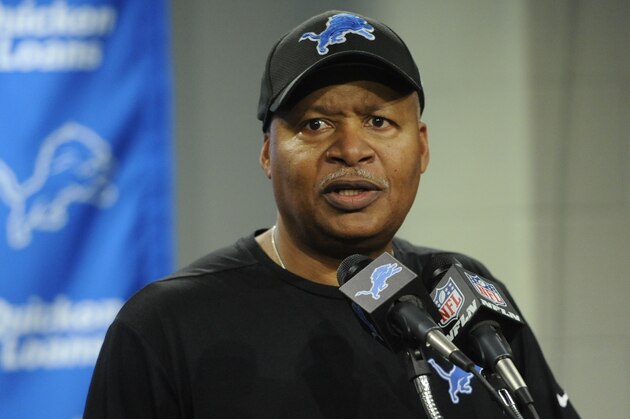 Detroit Lions head coach Jim Caldwell addresses the media after an NFL football game against the Green Bay Packers, Sunday, Dec. 31, 2017, in Detroit. (AP Photo/Jose Juarez)
