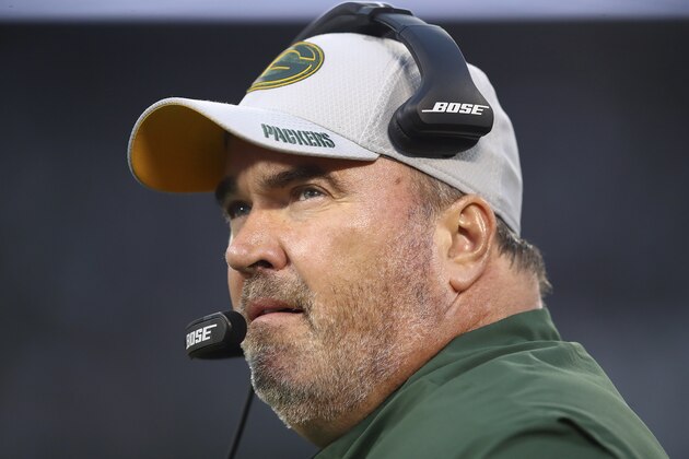 Green Bay Packers head coach Mike McCarthy watches during the first half of an NFL preseason football game against the Oakland Raiders in Oakland, Calif., Friday, Aug. 24, 2018. (AP Photo/Ben Margot)