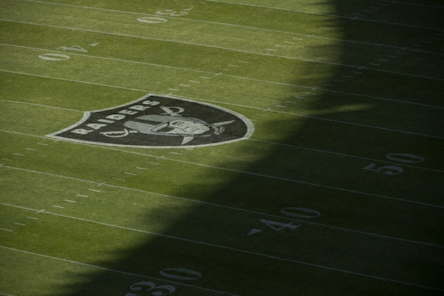 MEXICO CITY, MEXICO - NOVEMBER 19: The Oakland Raiders logo is seen on the field at Estadio Azteca before their game against the New England Patriots on November 19, 2017 in Mexico City, Mexico. (Photo by Jamie Schwaberow/Getty Images)