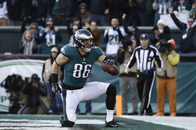 Philadelphia Eagles' Zach Ertz reacts after scoring a touchdown during the first half of an NFL football game against the Houston Texans, Sunday, Dec. 23, 2018, in Philadelphia. (AP Photo/Matt Rourke)