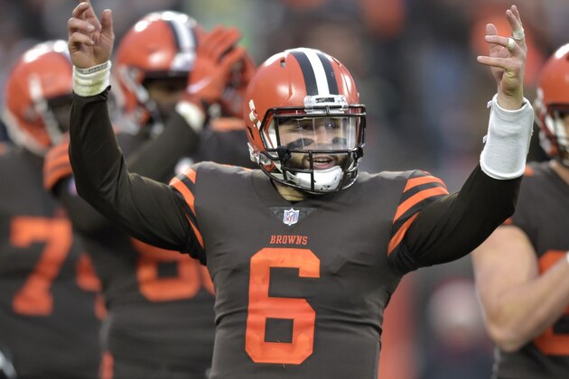 Cleveland Browns quarterback Baker Mayfield (6) celebrates after the Browns defeated the Cincinnati Bengals 26-18 in an NFL football game, Sunday, Dec. 23, 2018, in Cleveland. (AP Photo/David Richard)