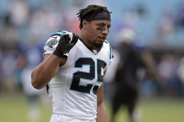 Carolina Panthers' Eric Reid (25) takes the field before an NFL football game against the New York Giants in Charlotte, N.C., Sunday, Oct. 7, 2018. (AP Photo/Mike McCarn)