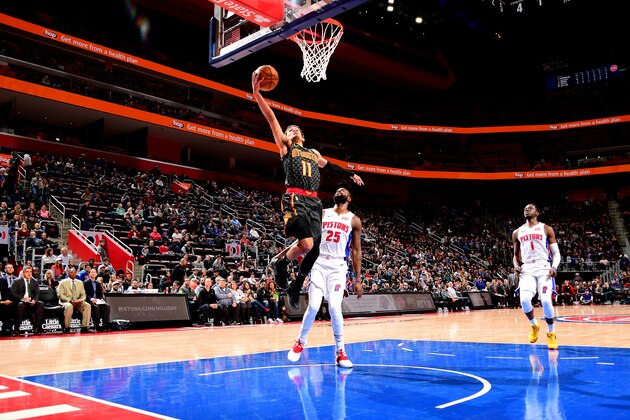 DETROIT, MI - DECEMBER 23: Trae Young #11 of the Atlanta Hawks shoots the ball against the Detroit Pistons on December 23, 2018 at Little Caesars Arena in Detroit, Michigan. NOTE TO USER: User expressly acknowledges and agrees that, by downloading and/or using this photograph, User is consenting to the terms and conditions of the Getty Images License Agreement. Mandatory Copyright Notice: Copyright 2018 NBAE (Photo by Chris Schwegler/NBAE via Getty Images)