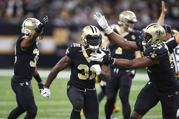 New Orleans Saints defensive back Chris Banjo (31) celebrates a defensive stop in the second half of an NFL football game against the Pittsburgh Steelers in New Orleans, Sunday, Dec. 23, 2018. (AP Photo/Bill Feig)