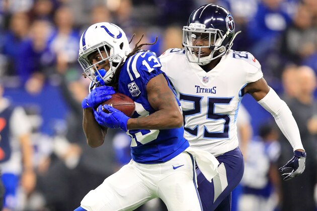 INDIANAPOLIS, IN - NOVEMBER 18:  T.Y. Hilton #13 of the Indianapolis Colts catches the ball in the game against the Tennessee Titans at Lucas Oil Stadium on November 18, 2018 in Indianapolis, Indiana.  (Photo by Andy Lyons/Getty Images)