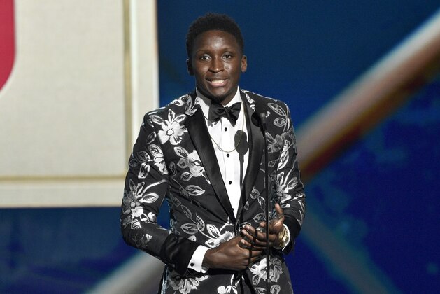 Victor Oladipo, of the Indiana Pacers, accepts the most improved player award at the NBA Awards on Monday, June 25, 2018, at the Barker Hangar in Santa Monica, Calif. (Photo by Chris Pizzello/Invision/AP)
