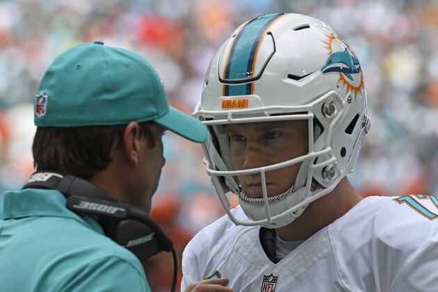 MIAMI GARDENS, FL - SEPTEMBER 25: Head Coach Adam Gase of the Miami Dolphins talks to Ryan Tannehill during a timeout in the 1st quarter against the Cleveland Browns on September 25, 2016 in Miami Gardens, Florida. (Photo by Eric Espada/Getty Images)