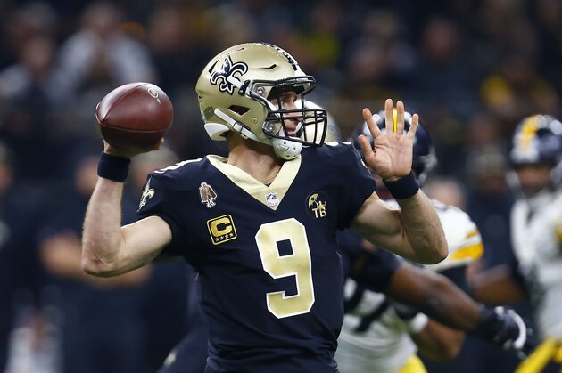 New Orleans Saints quarterback Drew Brees (9) passes in the first half of an NFL football game against the Pittsburgh Steelers in New Orleans, Sunday, Dec. 23, 2018. (AP Photo/Butch Dill)