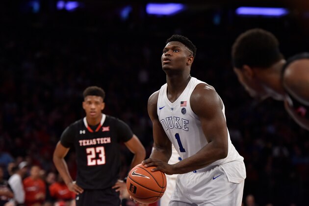NEW YORK, NY - DECEMBER 20: Zion Williamson #1 of the Duke Blue Devils concentrates at the free-throw line against the Texas Tech Red Raiders in the second half at Madison Square Garden on December 20, 2018 in New York City. (Photo by Lance King/Getty Images)