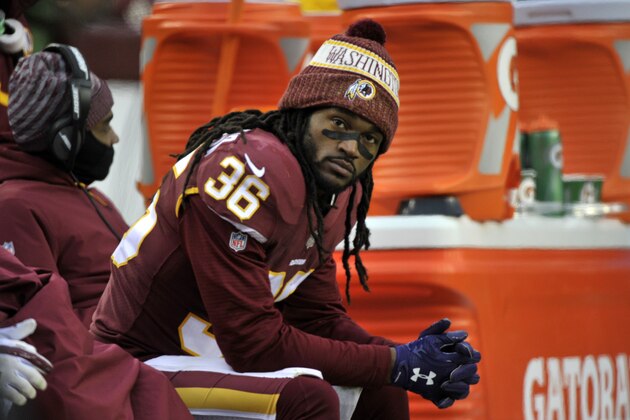 FILE - In this  Sunday, Dec. 9, 2018 file photo, Washington Redskins free safety D.J. Swearinger sits on the bench in the fourth quarter of an NFL football game against the New York Giants in Landover, Md. The Washington Redskins have lost four in a row, are down to their fourth quarterback and are mired in criticism from several players. A once-promising season has gone off the rails thanks to injuries all over the offense and a defense full of blown assignments and missed tackles. The finger-pointing is well underway for a team that has fallen to 6-7 and has plenty of blame to go around. (AP Photo/Mark Tenally, File)