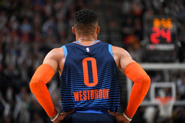 SALT LAKE CITY, UT - DECEMBER 22: Russell Westbrook #0 of the Oklahoma City Thunder looks on during the game against the Utah Jazz on December 22, 2018 at vivint.SmartHome Arena in Salt Lake City, Utah. NOTE TO USER: User expressly acknowledges and agrees that, by downloading and/or using this photograph, user is consenting to the terms and conditions of the Getty Images License Agreement. Mandatory Copyright Notice: Copyright 2018 NBAE (Photo by Garrett Ellwood/NBAE via Getty Images)