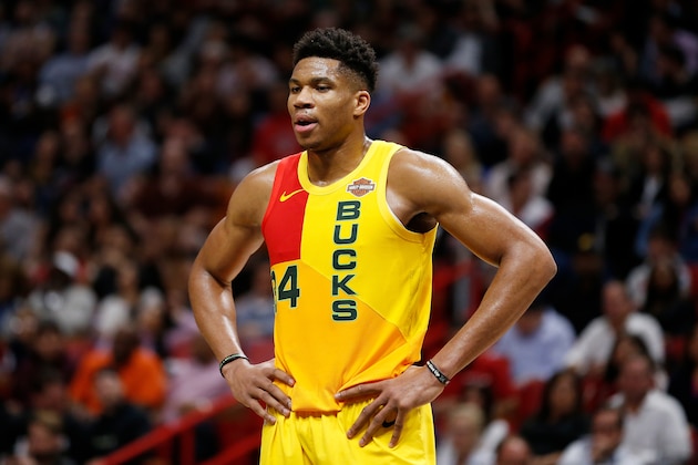 MIAMI, FL - DECEMBER 22:  Giannis Antetokounmpo #34 of the Milwaukee Bucks in action against the Miami Heat at American Airlines Arena on December 22, 2018 in Miami, Florida. NOTE TO USER: User expressly acknowledges and agrees that, by downloading and or using this photograph, User is consenting to the terms and conditions of the Getty Images License Agreement.  (Photo by Michael Reaves/Getty Images)