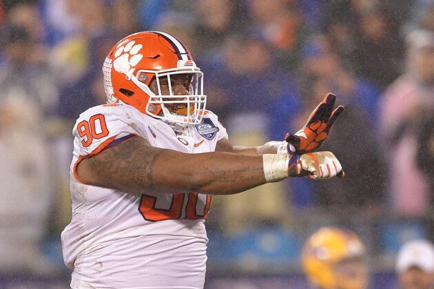 CHARLOTTE, NC - DECEMBER 01:  Dexter Lawrence #90 of the Clemson Tigers reacts against the Pittsburgh Panthers in the first quarter during their game at Bank of America Stadium on December 1, 2018 in Charlotte, North Carolina.  (Photo by Grant Halverson/Getty Images)