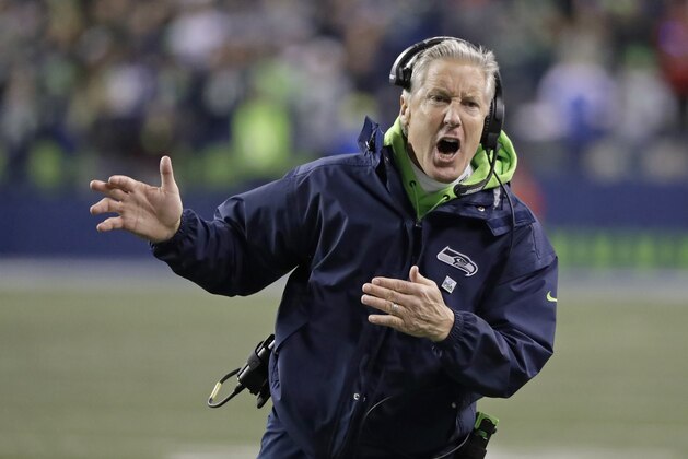 Seattle Seahawks head coach Pete Carroll reacts during the second half of an NFL football game against the Kansas City Chiefs, Sunday, Dec. 23, 2018, in Seattle. (AP Photo/Elaine Thompson)