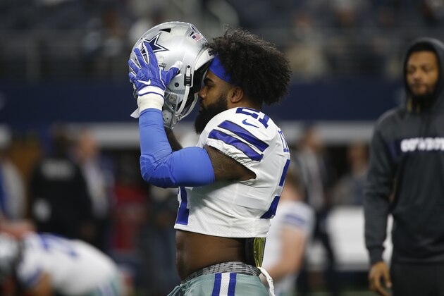 Dallas Cowboys' Ezekiel Elliott warms up before an NFL football game against the Tampa Bay Buccaneers in Arlington, Texas, Sunday, Dec. 23, 2018. (AP Photo/Ron Jenkins)