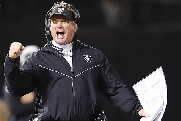 Oakland Raiders head coach Jon Gruden reacts during the second half of an NFL football game against the Denver Broncos in Oakland, Calif., Monday, Dec. 24, 2018. (AP Photo/John Hefti)